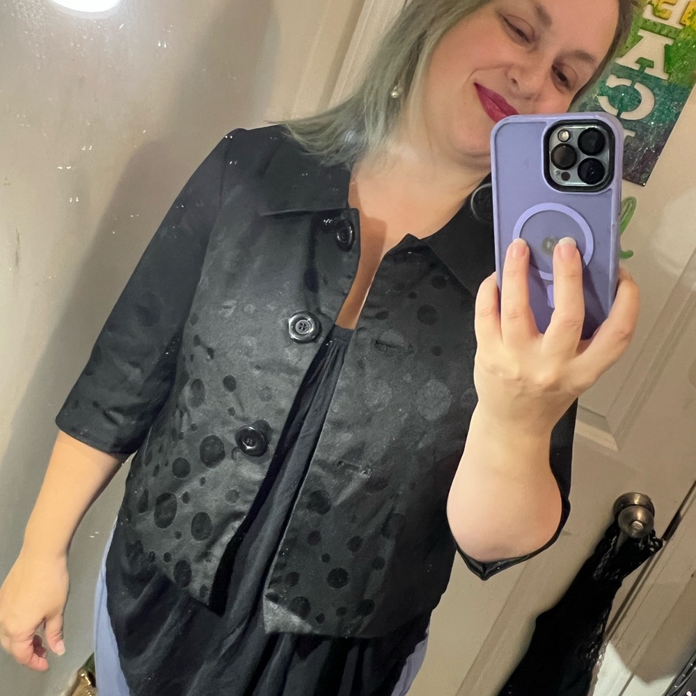 SPENSE BLACK POLKA DOT TEXTURE ALLOVER JACKET BLAZER 3/4 SLEEVE CROPPED EUC CUTE